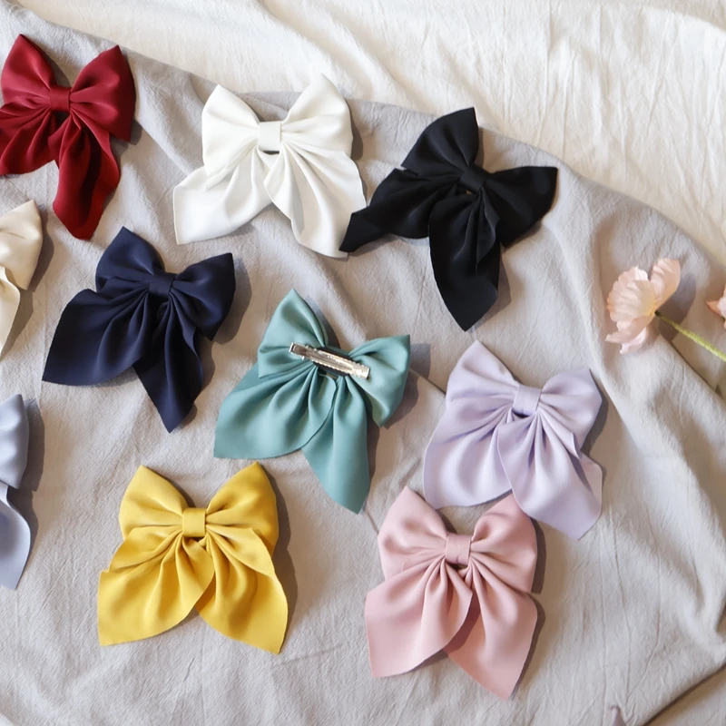 Color: Black - Elegant Bow Ribbon Hair Clip Fashion Simple Solid Satin Spring Clip Hair Pin Retro Headband with Clips Girls Hair Accessories