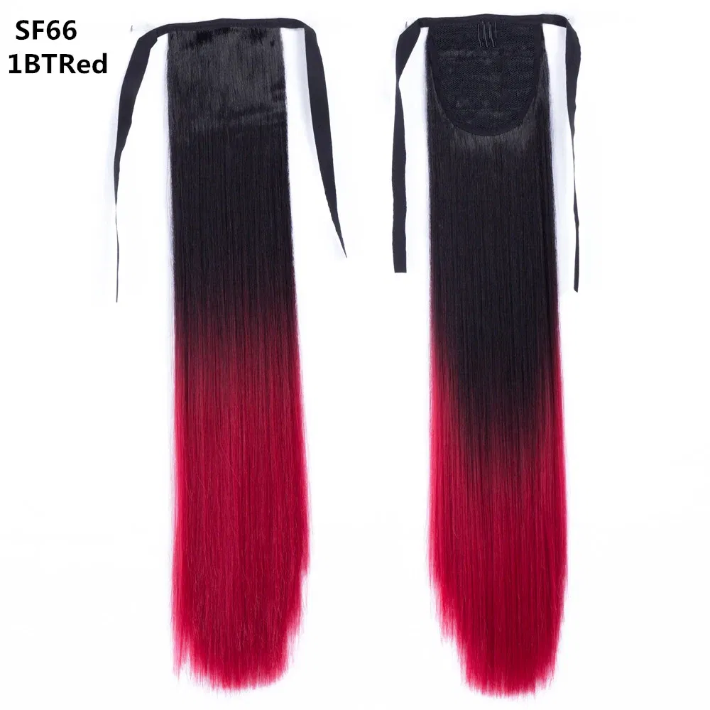 Color: T1B/Red - LINWAN Synthetic Long Straight Wrap Around Clip In Ponytail Hair Extension Heat Reistan Pony Tail Fake Hair