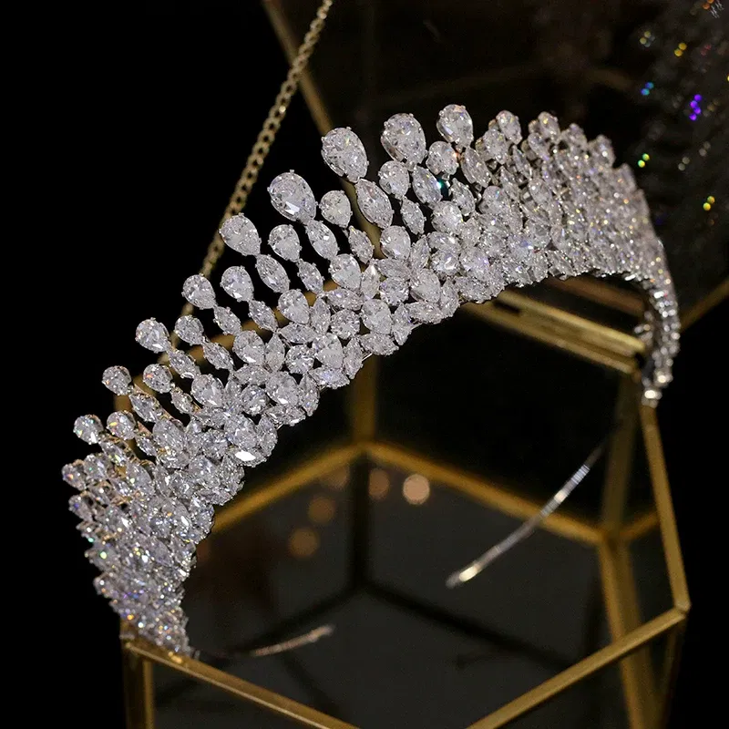 Metal color: ROSE GOLD COLOR - New Bride Tiara Crystal Headdress Wedding Hair Accessories Full Zircon Crowns Headband Wedding Jewelry Crowns For Women