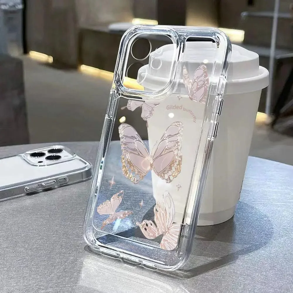 Color: Beige, Material: POLYESTER - Simple Space Transparent Anti-fall Phone Case For iPhone 15 11 14 13 12 Pro Max Plus Silicone Protect Flower Butterfly Cover