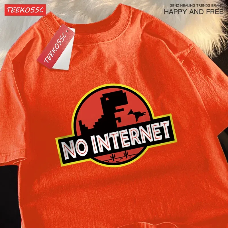 Color: Dark Grey, Size: S - No Internet Fun Little Dinosaur Short Sleeve Mens Cartoons Cotton Tshirt Summer High Quality Clothing Fashion Oversize T-Shirts