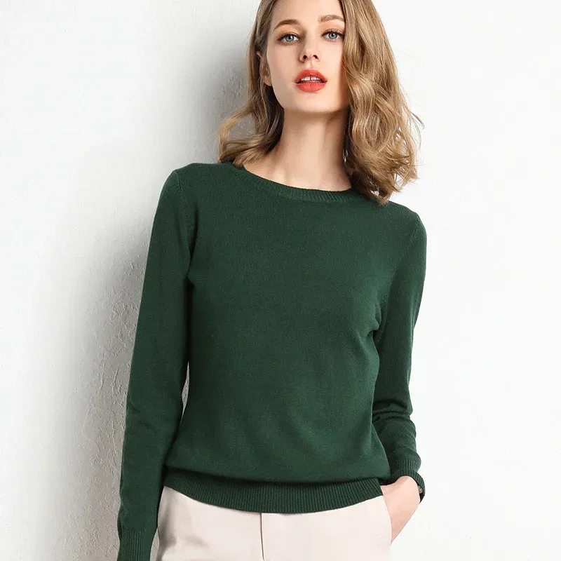 Color: Red, Size: S - Women Slim O-Neck Solid Pullover Cashmere Wool Blending Sweater Autumn And Winter Long-Sleeved Knit Bottoming Shirt Large Size