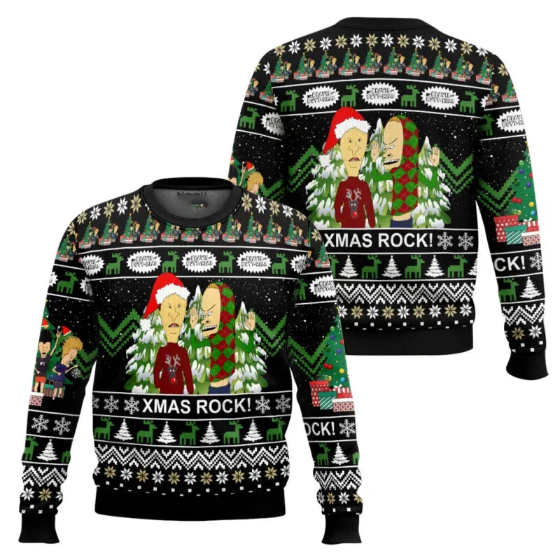 Color: Beige, Size: M - Xmas Rock Beavis and Butthead Ugly Christmas Sweater Cartoon Anime Women Men Pullover Tops New Fashion Couple Hoodie Sweatshirt