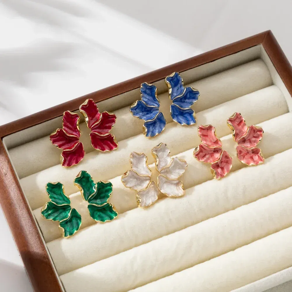 Metal Color: Light Yellow Gold Color - Metal Flower Cream Stud Earrings for Women Fashion Gold Color Plating Irregular Post Earrings Heavy Design Statement Earring