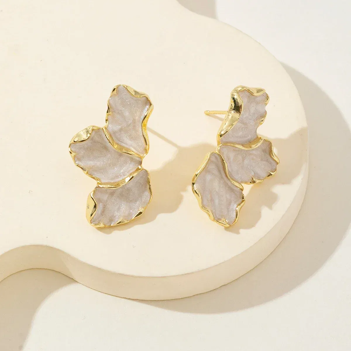 Metal Color: Light Yellow Gold Color - Metal Flower Cream Stud Earrings for Women Fashion Gold Color Plating Irregular Post Earrings Heavy Design Statement Earring