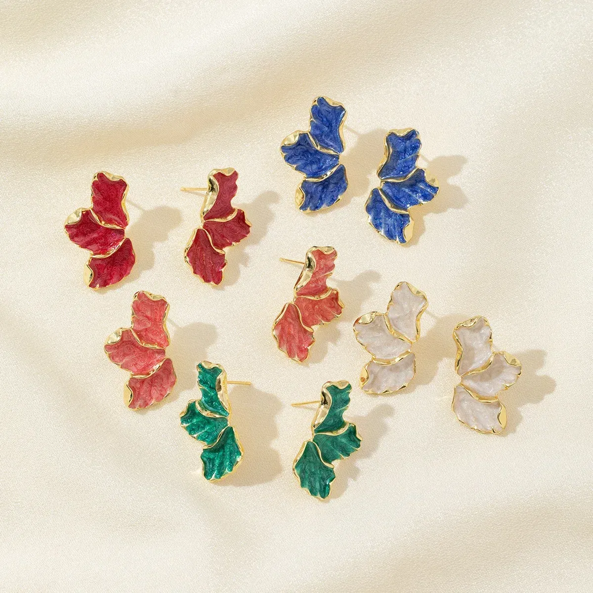 Metal Color: Light Yellow Gold Color - Metal Flower Cream Stud Earrings for Women Fashion Gold Color Plating Irregular Post Earrings Heavy Design Statement Earring