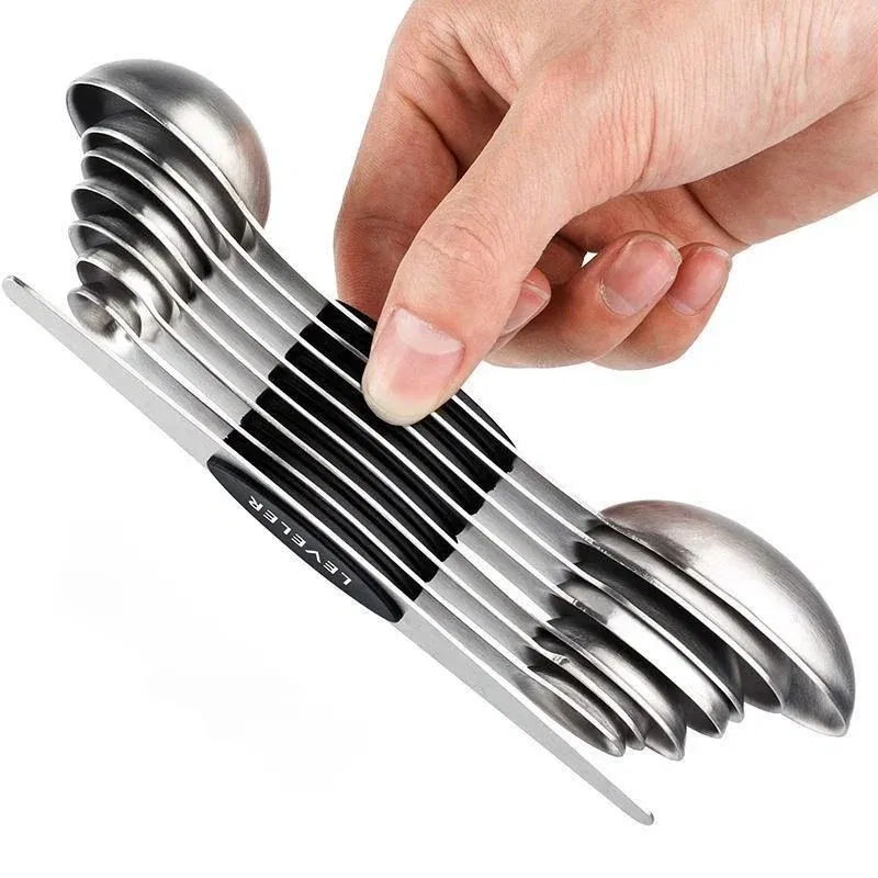 Color: Black, Measuring Weight: 1g - 8Pcs/Set Magnetic Measuring Spoon Set Stainless Steel Stackable Double-sided Teaspoons Metal Accurate for Cooking Baking Food