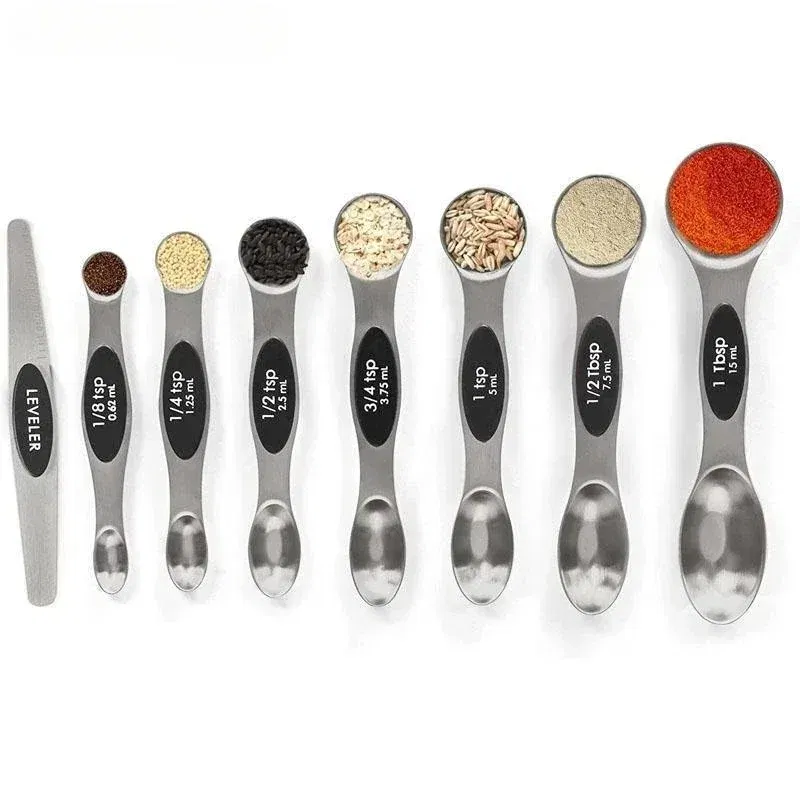 Color: Black, Measuring Weight: 1g - 8Pcs/Set Magnetic Measuring Spoon Set Stainless Steel Stackable Double-sided Teaspoons Metal Accurate for Cooking Baking Food
