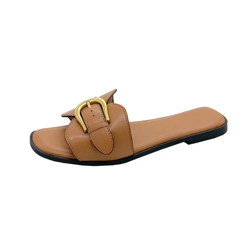 Color: Brown, Shoe Size: 37 - Slippers Casual Fretwork Heels String Bead Shoes Woman 2024 Pantofle Shale Female Beach Luxury Soft Flat New Sabot Fashion Slide