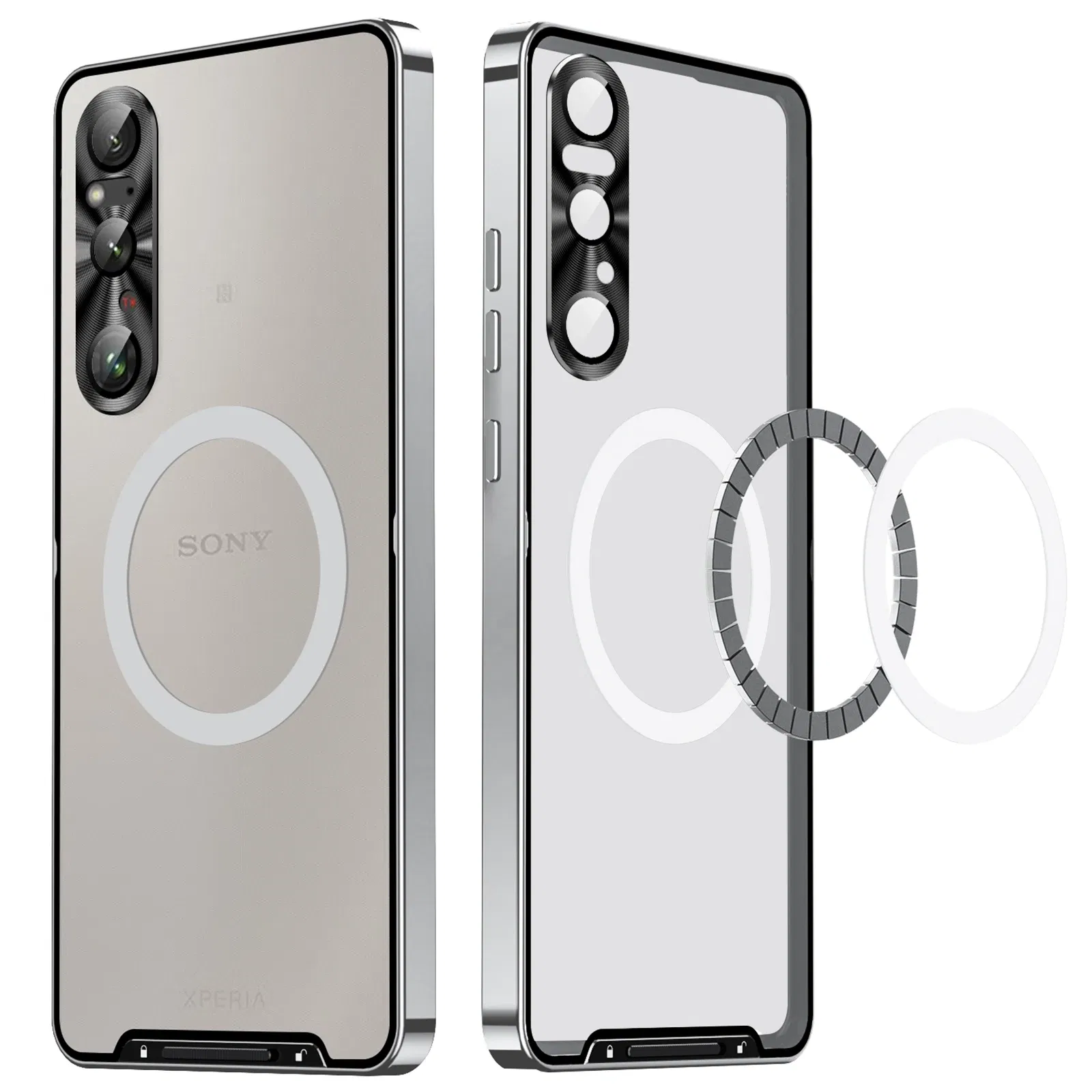 Color: Silver, Material: CANVAS - Metal Alloy Magnetic Case For Sony Xperia 1 V 10 IV iii 5 V Aluminum Bumper Frame Clear Transparent Wireless Charger Cover
