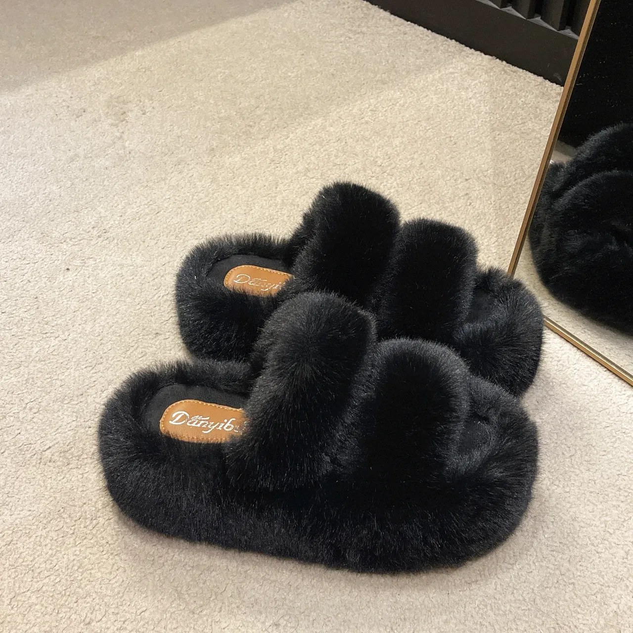Color: black, Shoe Size: 37 - New Winter Open Toe Slipper Fur Thick Sole Flats Heel Ladies Casual Slip On Bedroom Shoes Soft Outdoor Fashion Fur Slippers