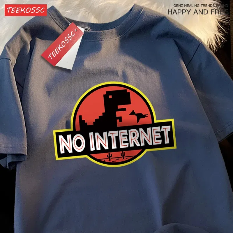 Color: WHITE, Size: S - No Internet Fun Little Dinosaur Short Sleeve Mens Cartoons Cotton Tshirt Summer High Quality Clothing Fashion Oversize T-Shirts