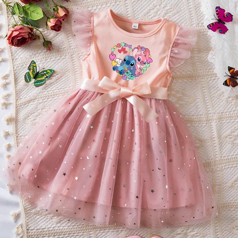Color: Gold, Kid Size: 5 - Lilo Stitch Girls Sequin Tutu Dress with Bow Flutter Sleeves Summer Princess Party Outfit for Toddler Kids 2-6 Years
