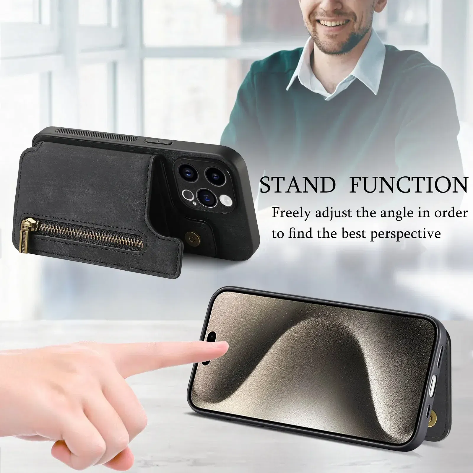 Color: black, Material: POLYESTER - Leather Zipper Wallet with Card Holder Phone Case for IPhone 15 14 11 Pro Max 13 12 Mini X XR XS Max 8 7 Plus Shockproof Cover
