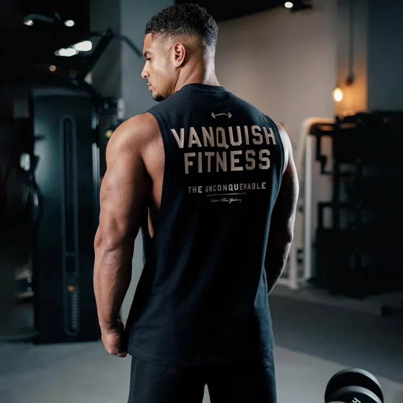 Color: WHITE, Size: L - Gym exercise fitness sports men's vest cotton wide shoulder round neck sleeveless shirt slim casual men's wear