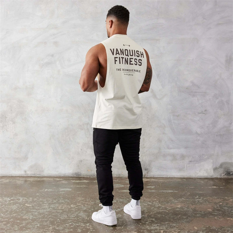 Color: WHITE, Size: L - Gym exercise fitness sports men's vest cotton wide shoulder round neck sleeveless shirt slim casual men's wear