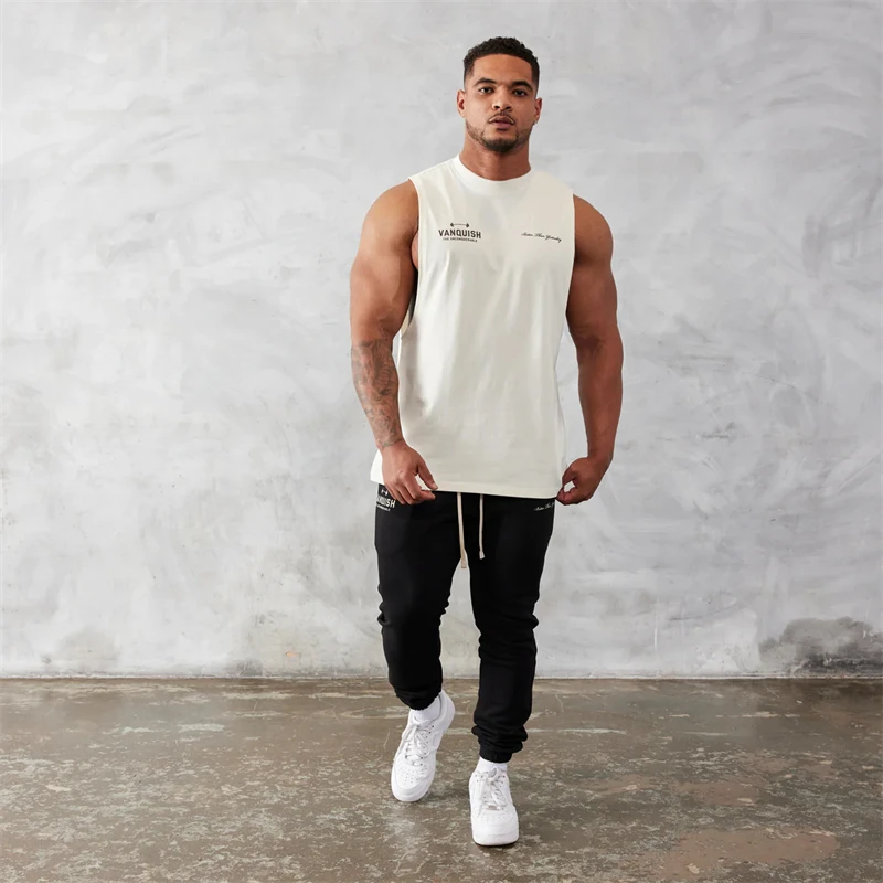 Color: WHITE, Size: L - Gym exercise fitness sports men's vest cotton wide shoulder round neck sleeveless shirt slim casual men's wear