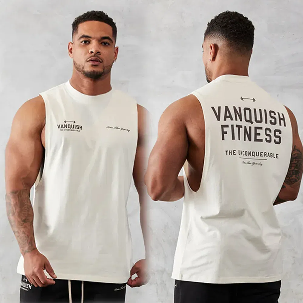 Color: WHITE, Size: L - Gym exercise fitness sports men's vest cotton wide shoulder round neck sleeveless shirt slim casual men's wear