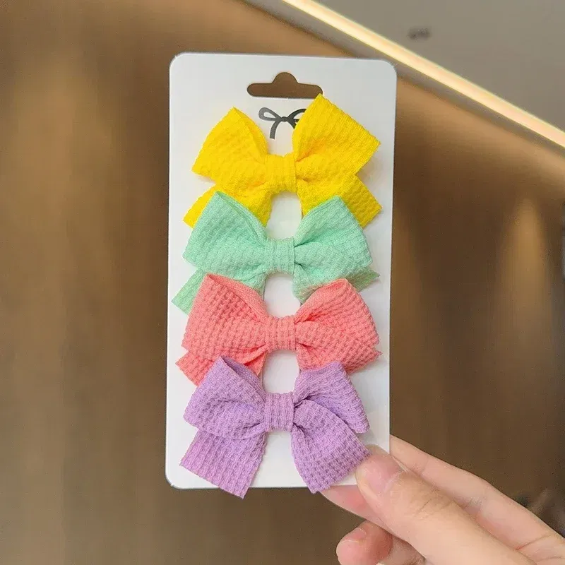Color: MULTI - 4PCS Soft Cotton Bow Hairpin Girl Sweet Plaid Design Hairpin Color Block Delicate Hairgripe Barrettes Kawaii Child Accessories