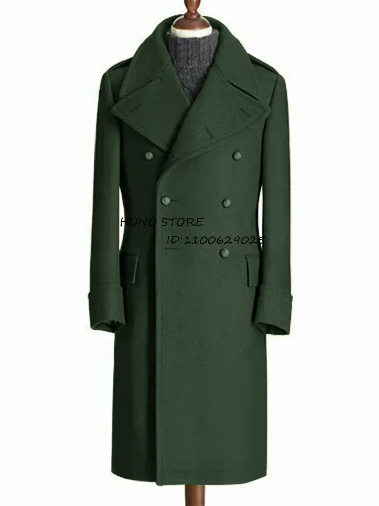 Color: green, Size: 4XL - Windbreak Men's Jacket Wool Long Coat Lapel Double Breasted Men's Trench Coats Windbreakers Jackets Man Winter 2023 Martens Male