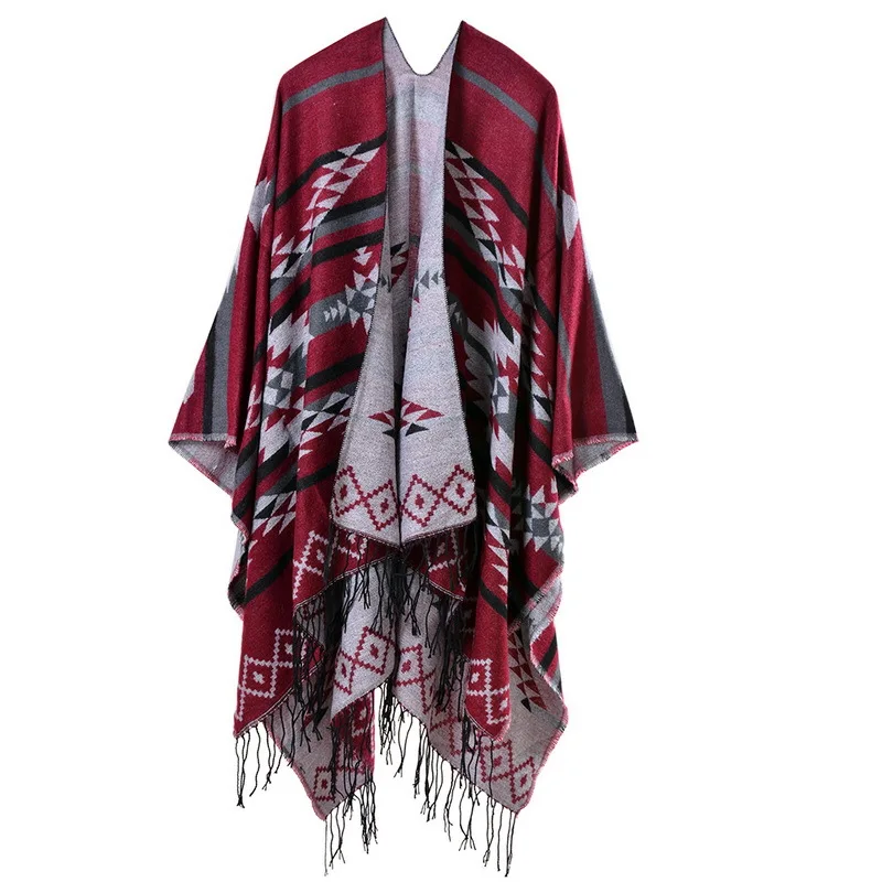 Color: Turquoise, Size: One Size, Ships From: CHINA - European American Popular Tassel Thickened Cashmere Like National Style Travel Fork Shawl Scarf in autumn Ponchos Capes