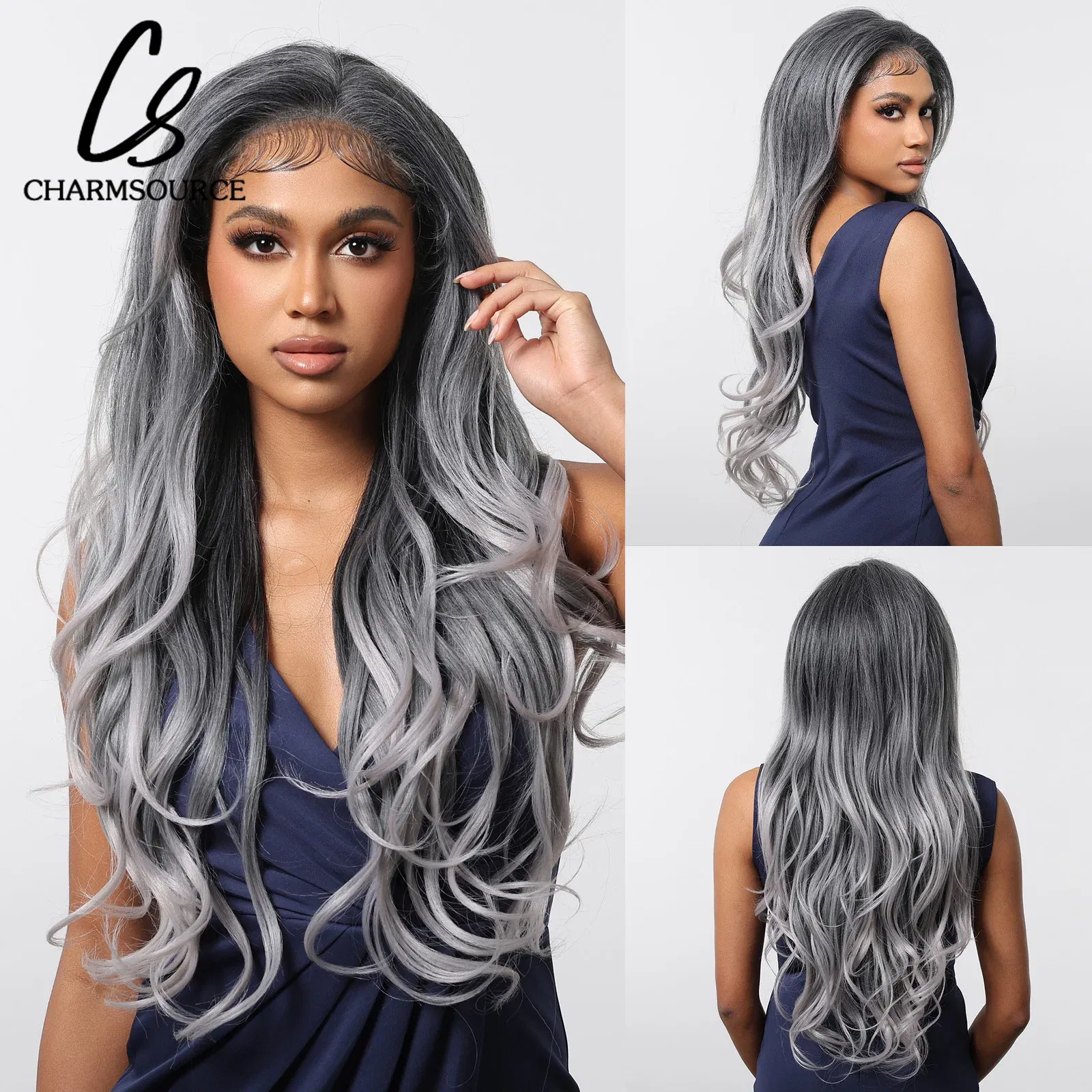 Color: #1B, Bulk Buy: 1pc, Density: 150%, Ships From: CHINA - CharmSource 13x6 Lace Wig Long Wavy Brown Gray Wigs with Dark Root for Women Daily Party Cosplay Wedding High Density