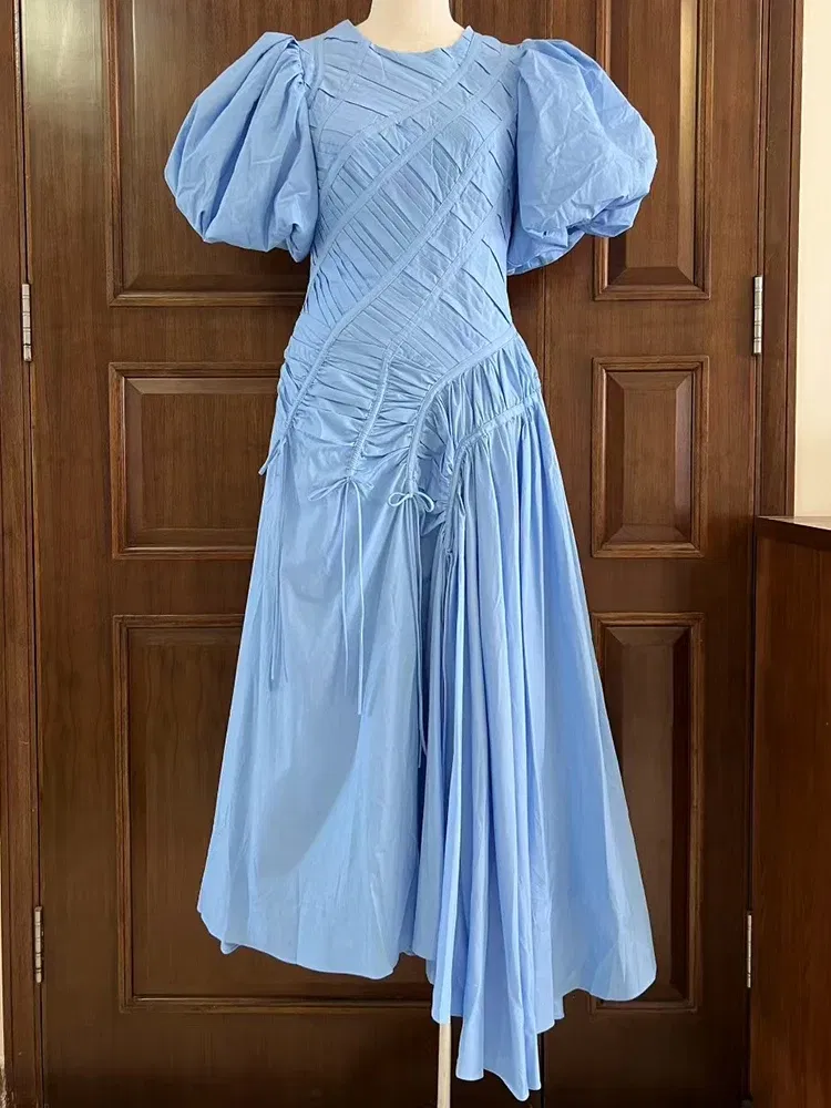 Color: Light Green, Size: L - 2025 summer women's new round neck lantern short sleeve irregular stitching drawstring dress slim dinner temperament long dress