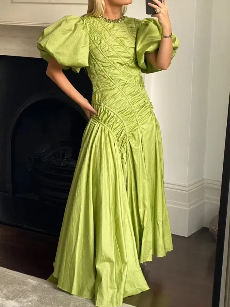 Color: Light Green, Size: L - 2025 summer women's new round neck lantern short sleeve irregular stitching drawstring dress slim dinner temperament long dress