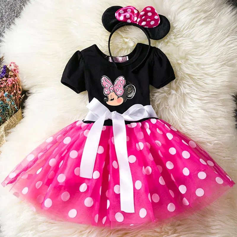 Color: Brown, Size: M - Cartoon Mickey Minnie Mouse Kids Short Sleeve Polka Dot Princess Dress 1-6Y Party Baby Girls Clothes Cosplay Costumes