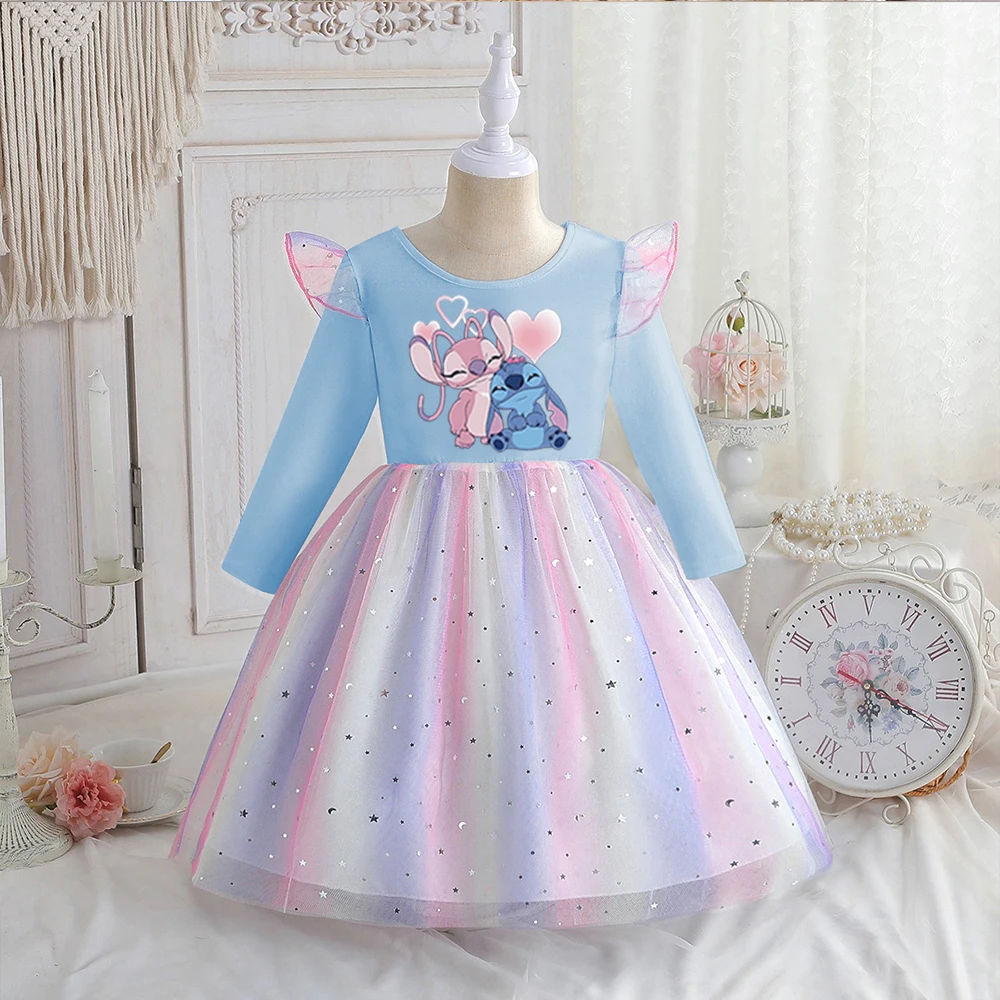 Color: Blue, Kid Size: 2T - Stitch Princess Dress Autumn New Disney Baby Girls Dress Spring Autumn Long-sleeved For Children Kids Clothes Birthday Party