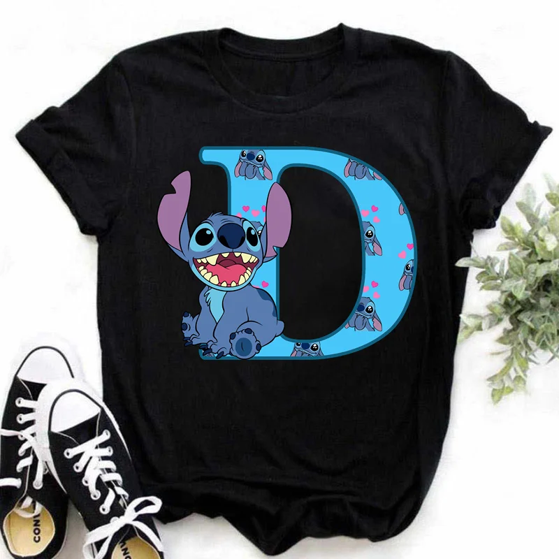 Color: Gold, Size: XXXL - Disney Lilo&Stitch A-Z Alphabet Summer Women's Printed T-Shirt Women's Casual Tops T-Shirt Fashion Cartoon Plus Size T-Shirt