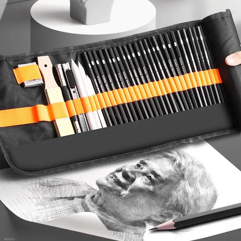 Color: WHITE - 27/38/47pcs Sketch Pencils Set Roll Up Canvas Wrap Sketching Pencil Bag Art Drawing Supplies Charcoals Kneaded Eraser