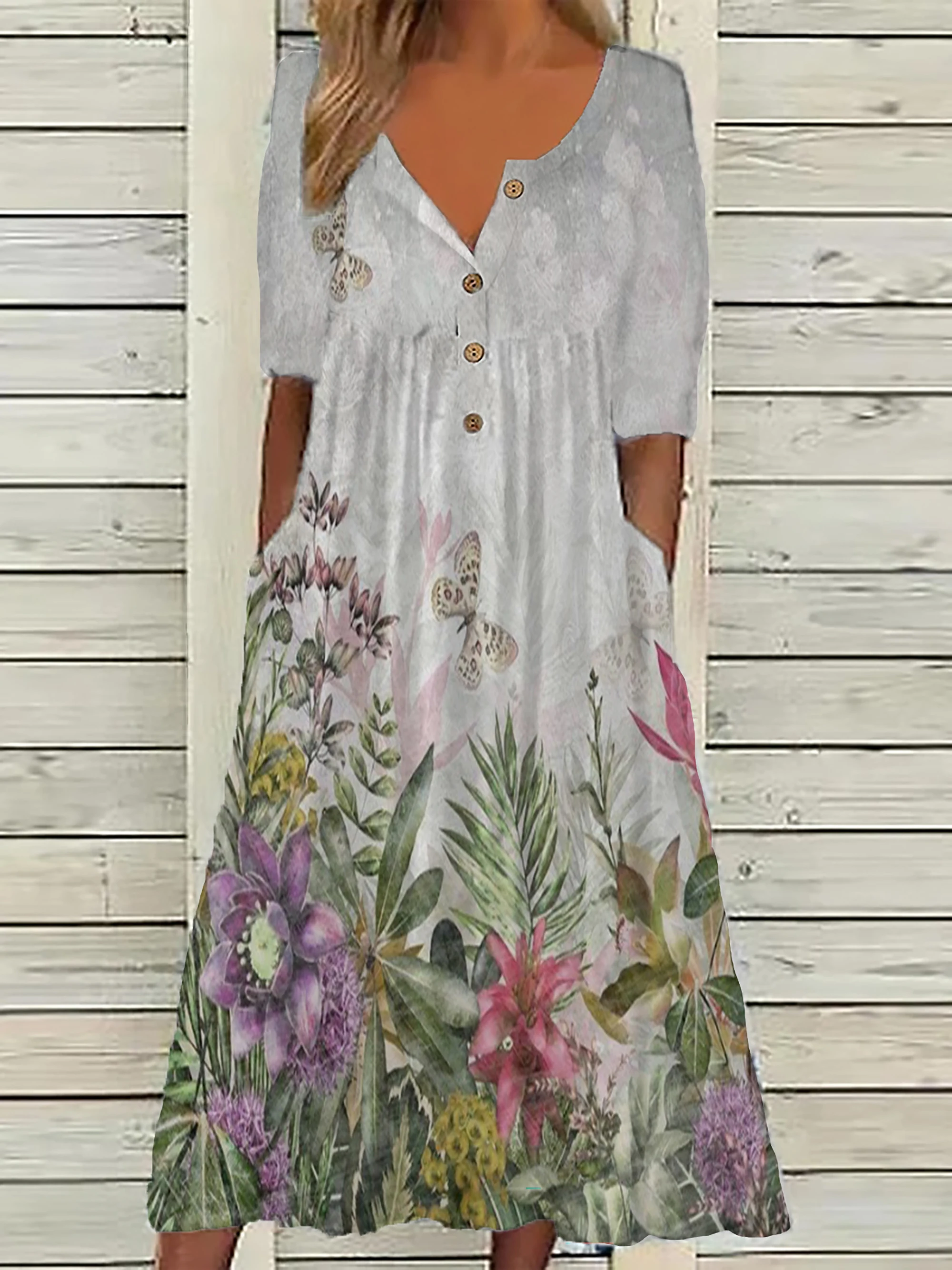 Color: Gold, Size: 5XL - 2024 Europe and the United States spring new fashion printed V-neck button short sleeve plus size women's size women's pocket