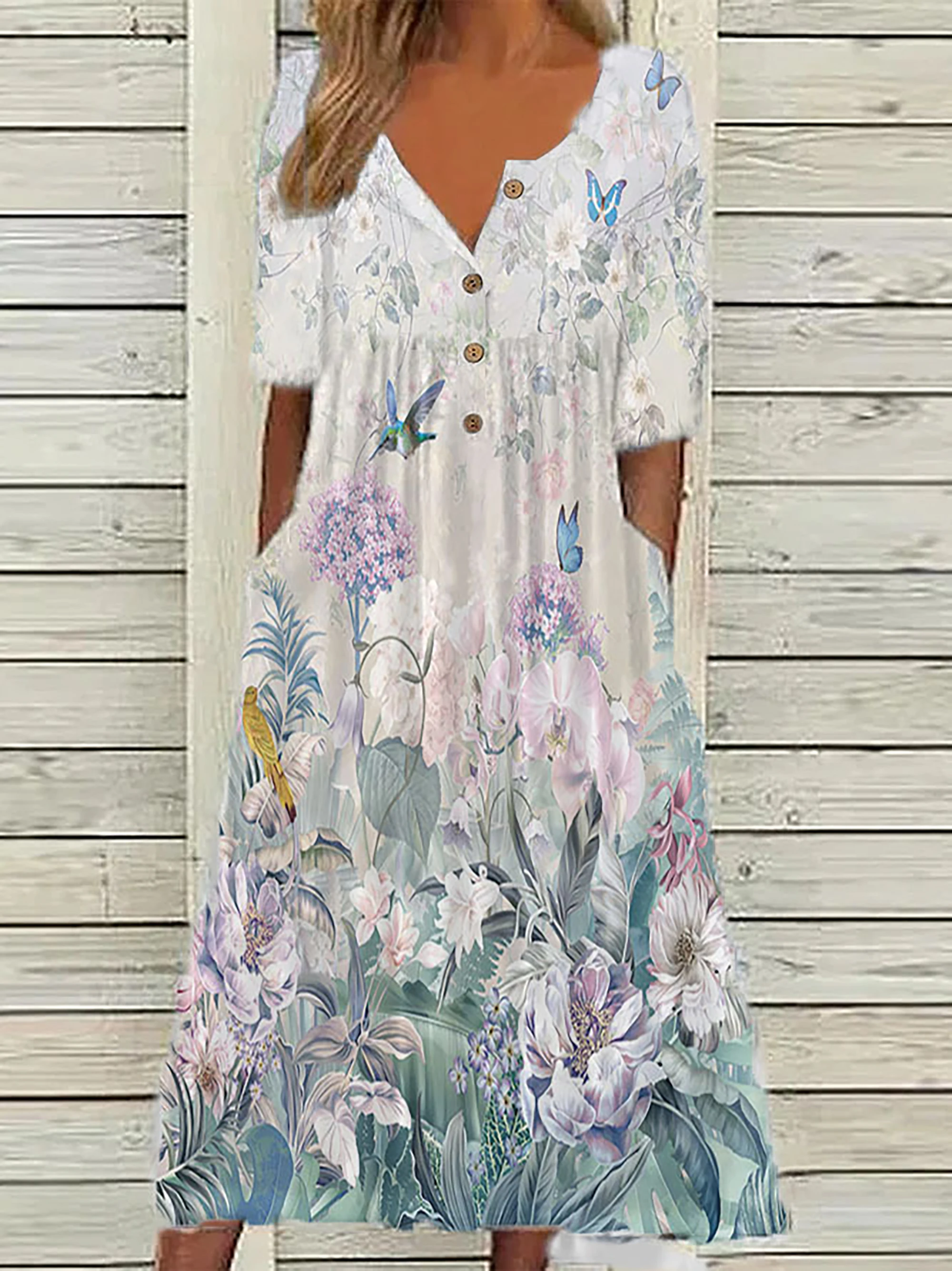 Color: Gold, Size: 5XL - 2024 Europe and the United States spring new fashion printed V-neck button short sleeve plus size women's size women's pocket
