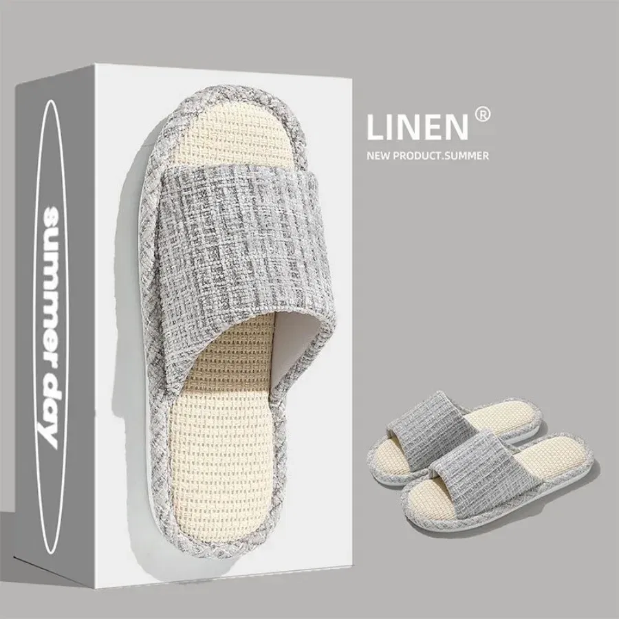 Color: Burgandy, Shoe Size: 40-41 - 2024 New Women's Fashion Home Linen Couple Slippers Breathable Home Shoes Moisture Absorbing Anti slip Cotton Linen Slippers