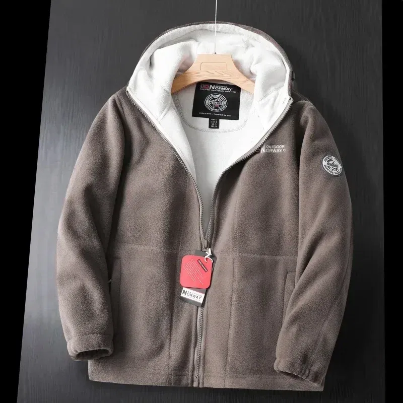 Color: Khaki, Size: L - Winter Wool Jacket Men's High-end Embroidered Thickened Fleece Windproof Jacket Outdoor Snow Cold-proof Men's Warm Hooded Coat