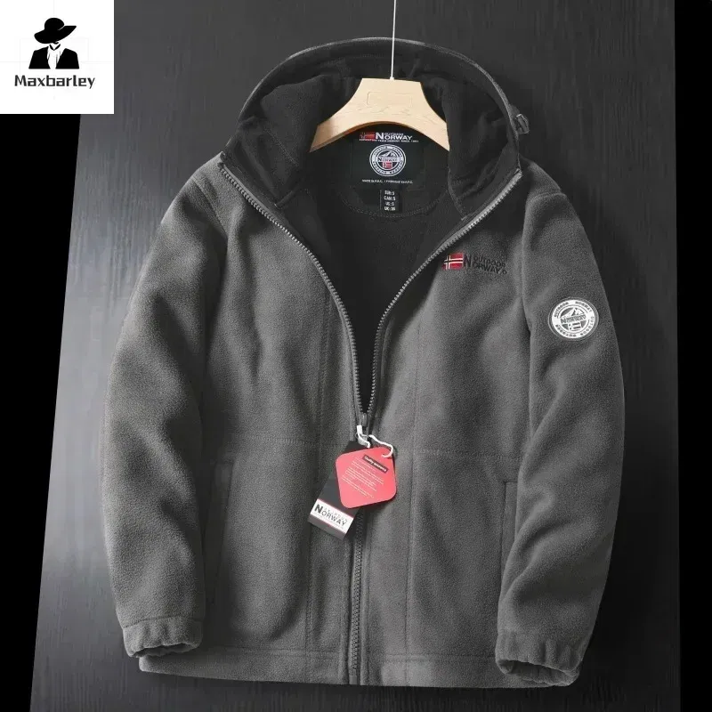 Color: Khaki, Size: L - Winter Wool Jacket Men's High-end Embroidered Thickened Fleece Windproof Jacket Outdoor Snow Cold-proof Men's Warm Hooded Coat