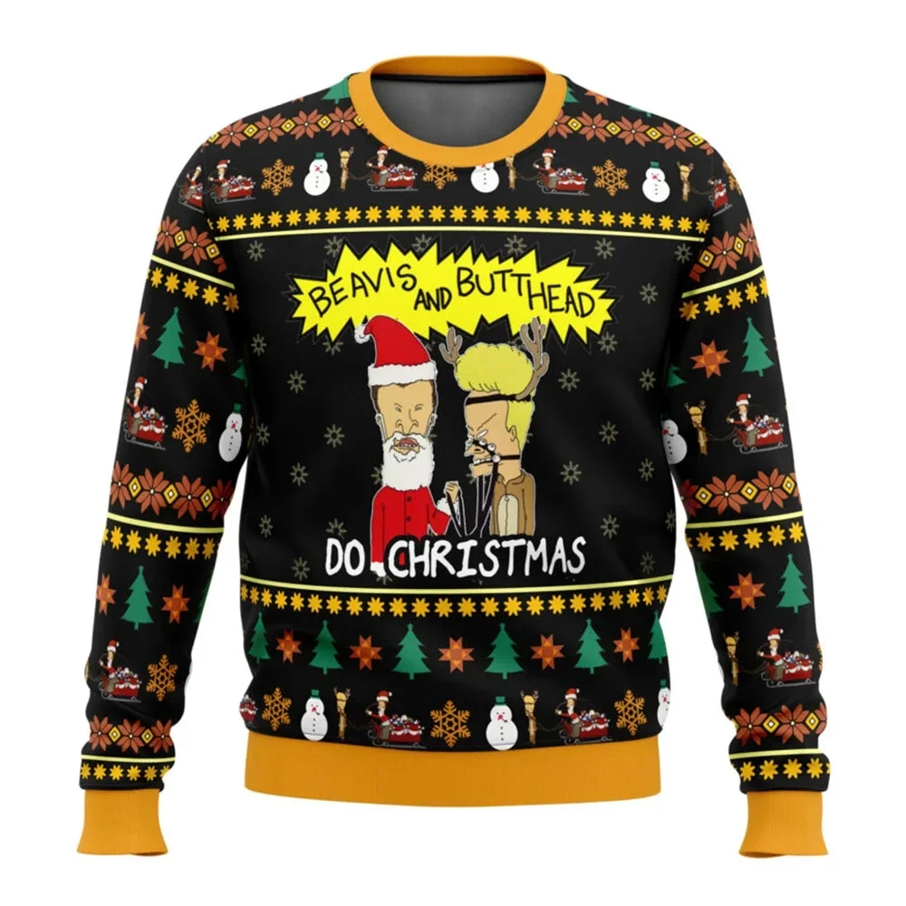 Color: Blue, Size: L - Xmas Rock Beavis and Butthead Ugly Christmas Sweater Cartoon Anime Women Men Pullover Tops New Fashion Couple Hoodie Sweatshirt