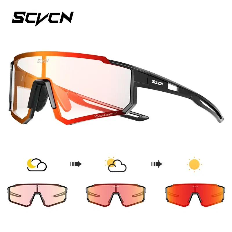 Color Name: Brown - SCVCN Color Photochromic Cycling Glasses Outdoo Fashion Sports Sunglasses Men MTB Cycling Sunglasses Women Road Bike Glasses