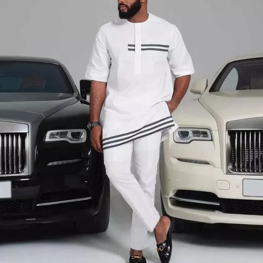 Color: Mint, Size: S - 2025 New men's suit, white pocket, 2-piece set, luxury wedding casual suit, traditional African style of ethnic minorities