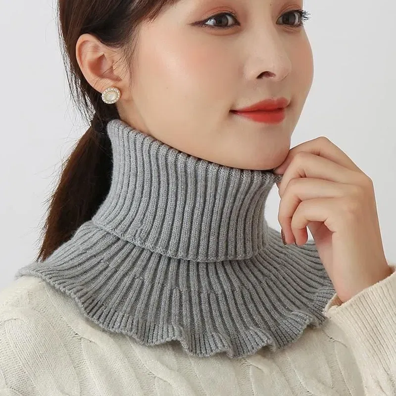 Color: Brown - Warm Knitted Collar Scarf Women Turtleneck Knitted False Fake Collar Detachable Scarf Warm Winter Windproof Wrap Scarf Ruffles