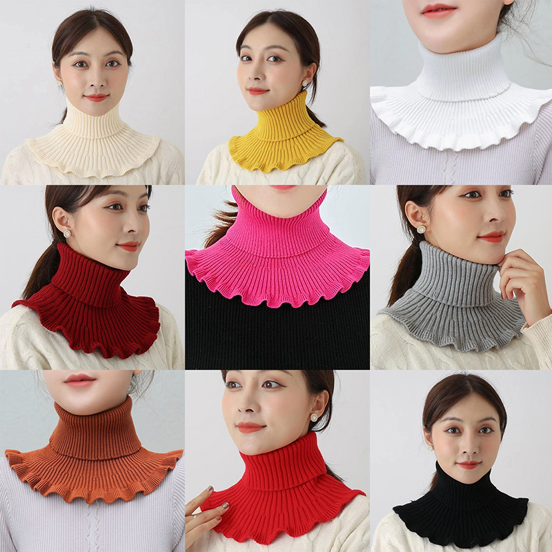 Color: Brown - Warm Knitted Collar Scarf Women Turtleneck Knitted False Fake Collar Detachable Scarf Warm Winter Windproof Wrap Scarf Ruffles