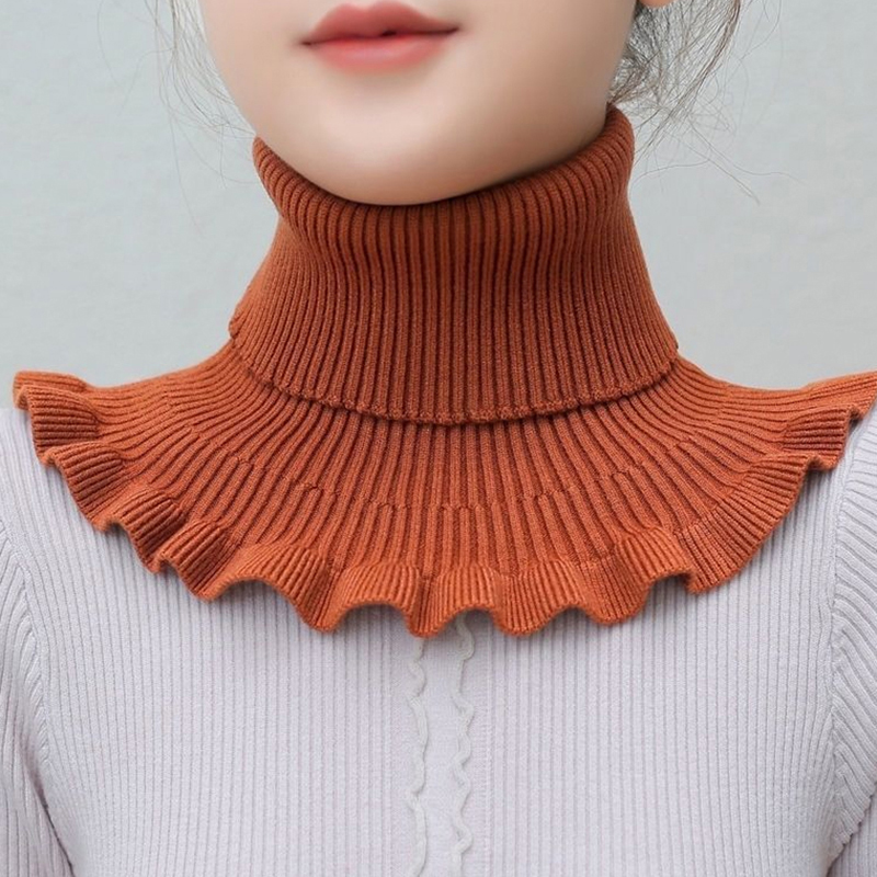 Color: Brown - Warm Knitted Collar Scarf Women Turtleneck Knitted False Fake Collar Detachable Scarf Warm Winter Windproof Wrap Scarf Ruffles