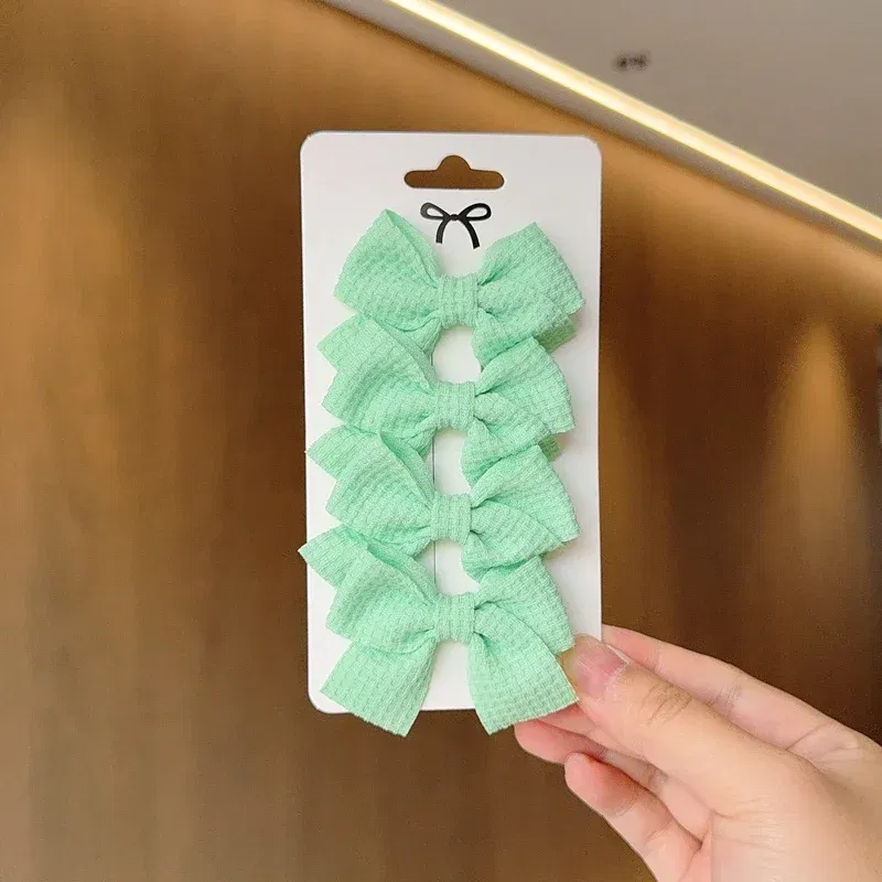 Color: DEEP BLUE - 4PCS Soft Cotton Bow Hairpin Girl Sweet Plaid Design Hairpin Color Block Delicate Hairgripe Barrettes Kawaii Child Accessories