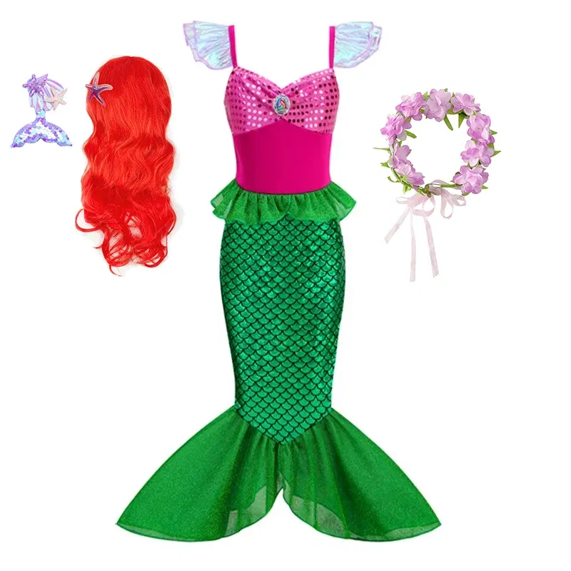 Color: Khaki, Kid Size: 2T - Disney Little Mermaid Ariel Costumes for Girls Princess Dress Cosplay Halloween Carnival Kids Birthday Party Dress Up Clothing