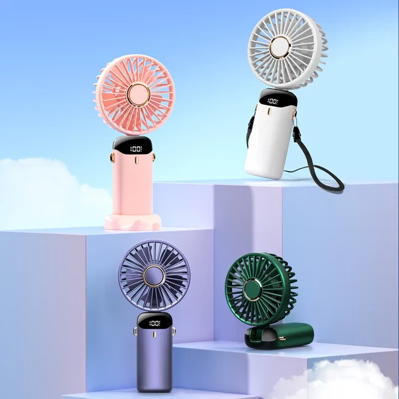 Color: Burgundy - USB Handheld Mini Fan Foldable Portable Neck Hanging Fans 5 Speed USB Rechargeable Fan with Phone Stand and Display Screen