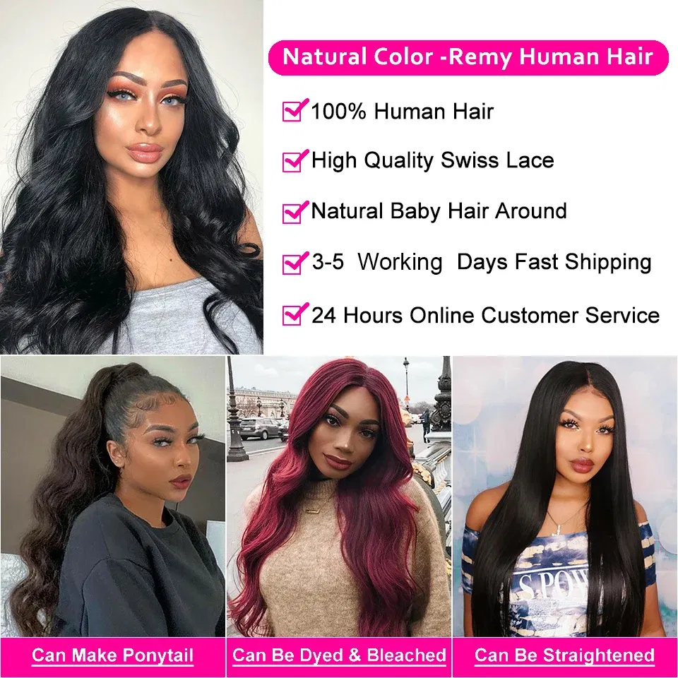 Color: #1B, Ships From: CHINA, Stretched Length: 24inches, Density: 150% - 13x6 13x4 Body Wave Glueless Wig HD Transparent Lace Front Wig Human Hair Pre Plucked Brazilian 4x4 Lace Closure Wigs For Women
