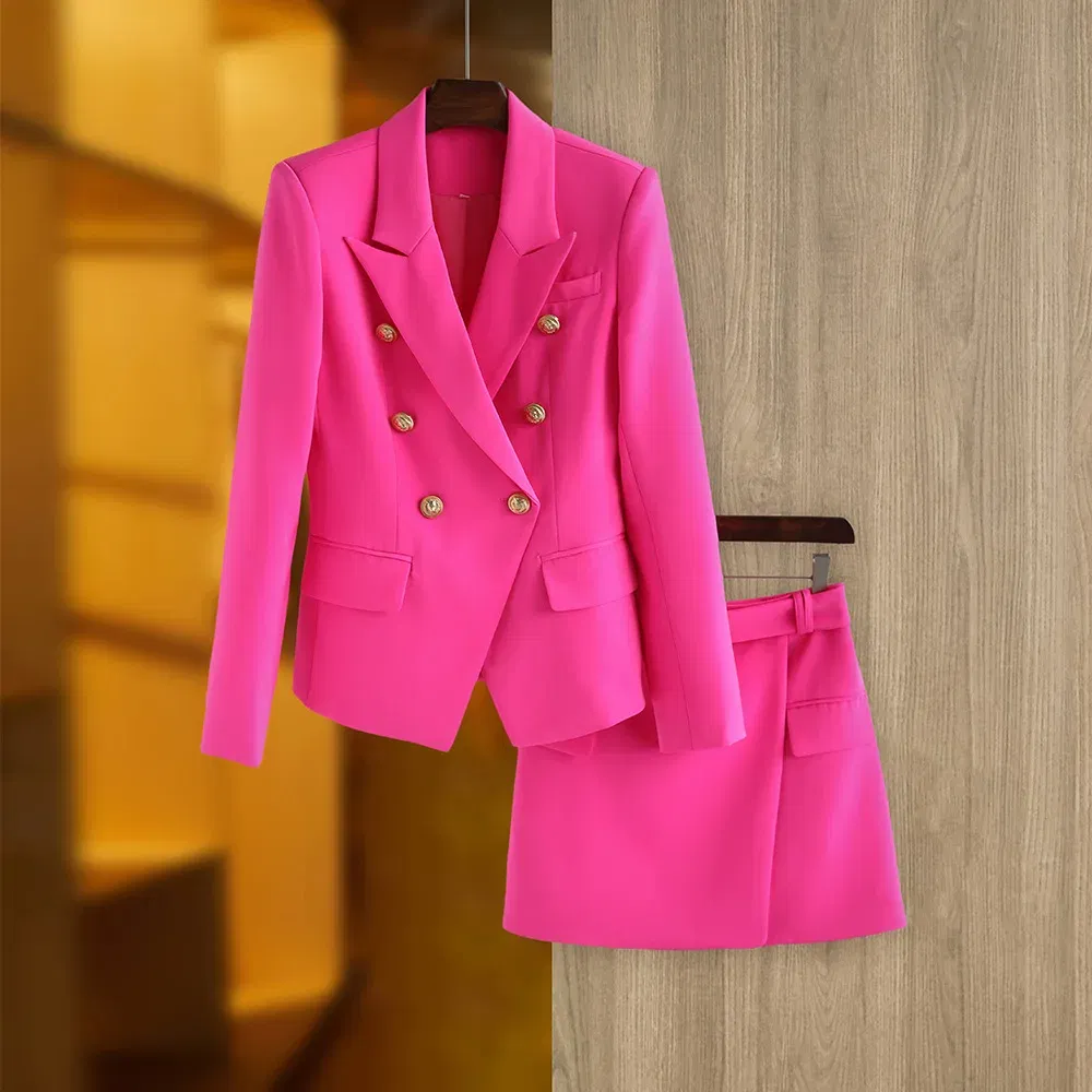 Color: Rose Red, Size: XL, Ships From: CN - New Arrival Elegant Style Lady Office Work Suit Double-breasted Long Sleeve Fitted Blazer A-line Pencil Mini Skirt Women 2Pcs