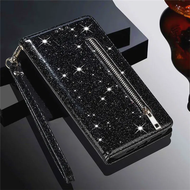 Color: black, Material: tpu - Zipper Flip Wallet Glitter Leather Case for iPhone 16 15 14 13 12 11 Pro Max XS XR 8 7 Plus SE 2022 Mini Bling Stand Phone Cover