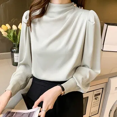 Color: green, Size: XXL, Ships From: CHINA - Spring Autumn Elegant Office Women Shirt Mujer Chic Satin Formal Lantern Sleeve Blouse Tops Loose Pullover Jumper Street Clothes